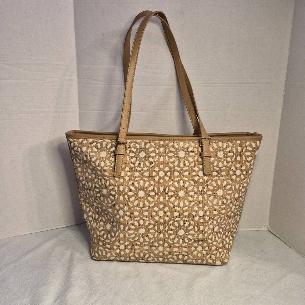 Miztique Tote Bag Brown Laser Cut Boho Trapezoid 11.5"/16"x11"x5.5" Cork Design